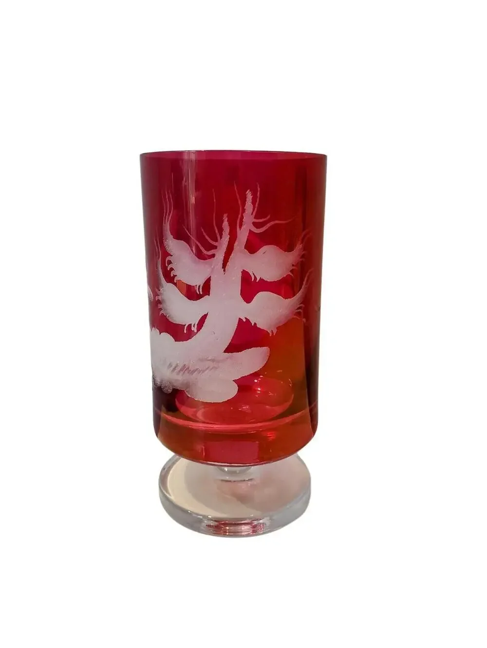 Vtg Riedel Tyrol Cranberry Etched Crystal Footed Drinking Glass Hunting Motif